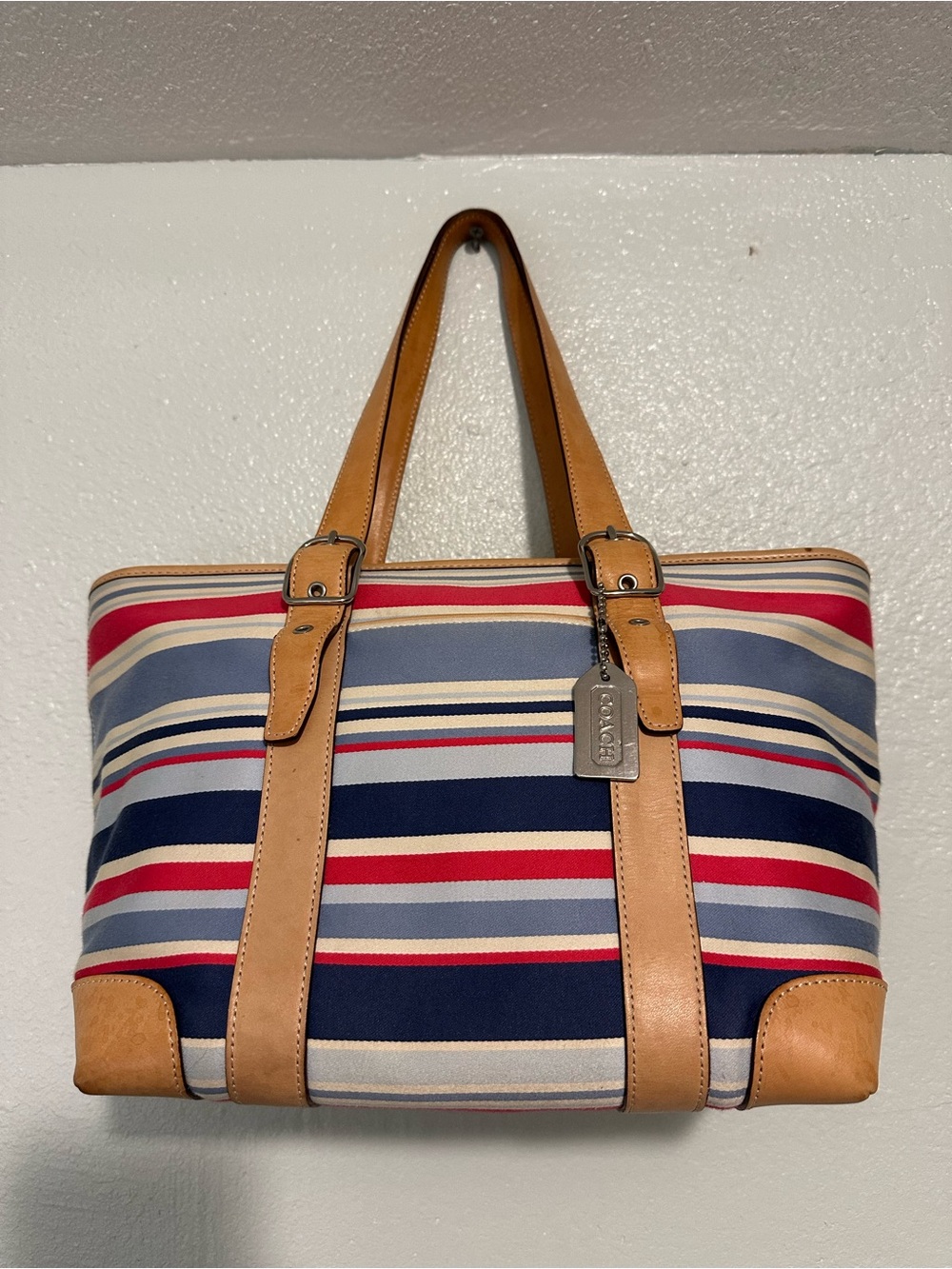 Vintage Coach Hampton Striped Canvas & Leather Blue/Red - Picture 7 of 13